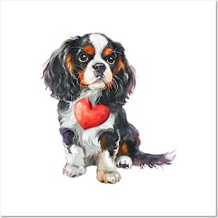 Valentine Cavalier King Charles Spaniel Holding Heart Posters and Art